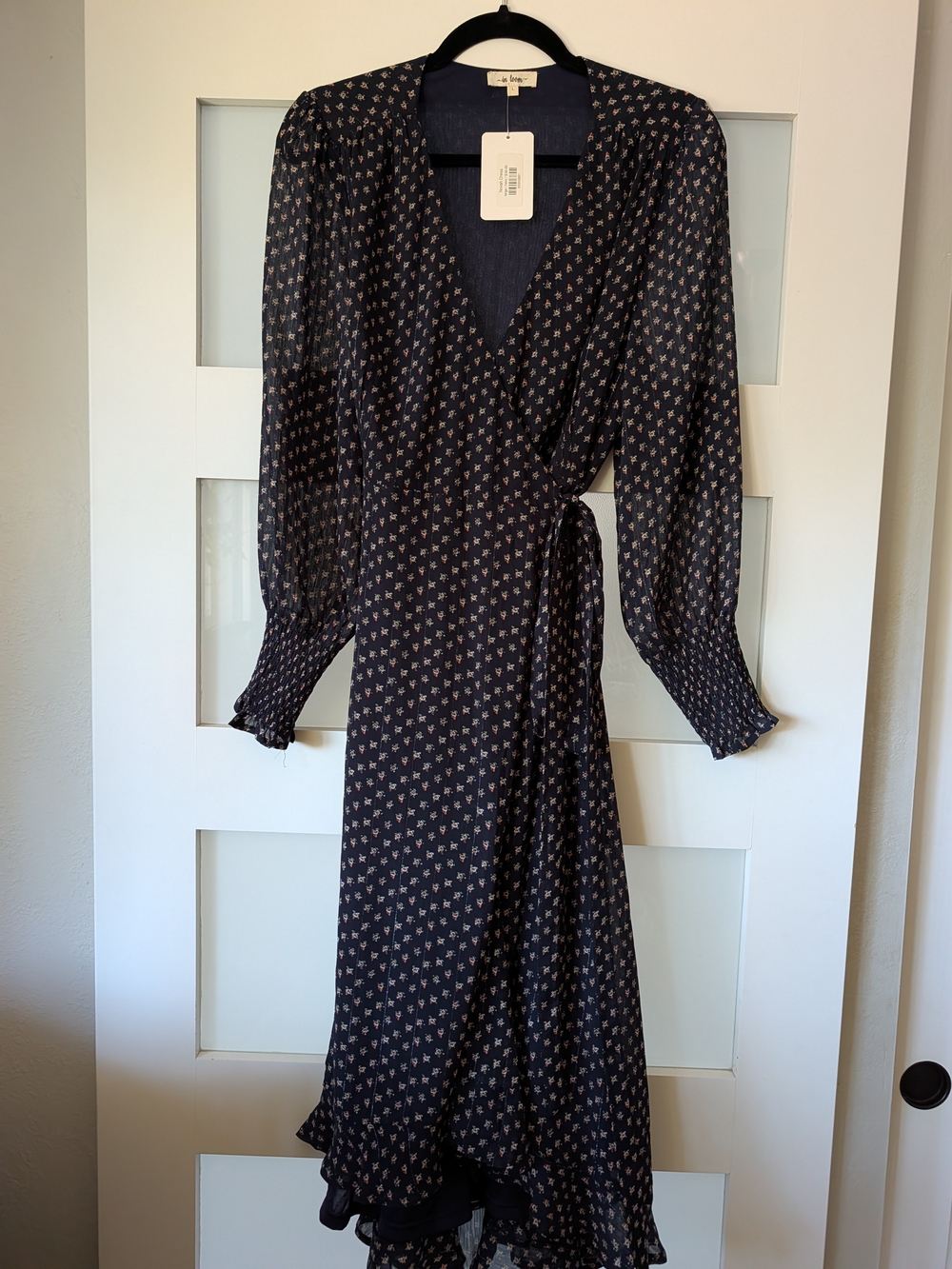 Navy Floral Wrap Midi Dress With Silver Detail